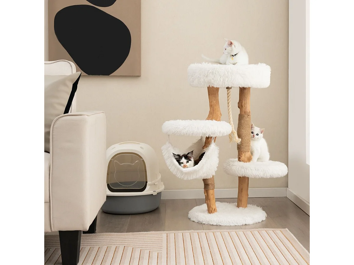 Albero tiragraffi per gatti in legno con pali di corda di iuta, Mobile per gatti con piattaforma e amaca Bianco