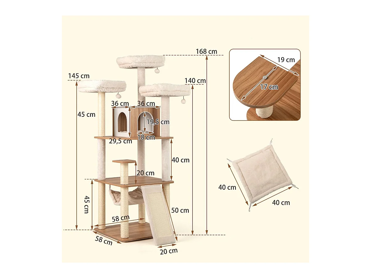 Albero per gatti alto 168 cm con 3 piattaforme, Torre multi - livello con accessori per gatti da interno