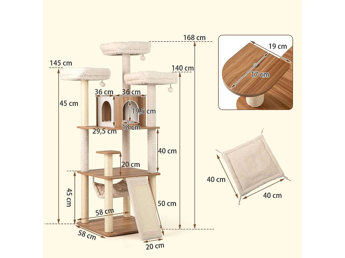 168cm Holz Kratzbaum mit Höhle & Leiter & Matten & Bällen & Hängematte Katzenkratzbaum
