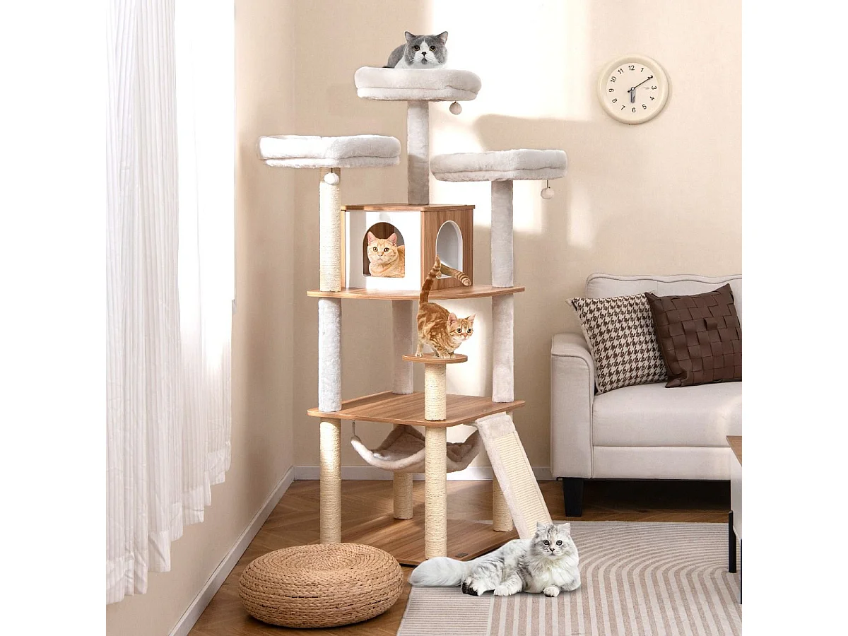 168cm Holz Kratzbaum mit Höhle & Leiter & Matten & Bällen & Hängematte Katzenkratzbaum