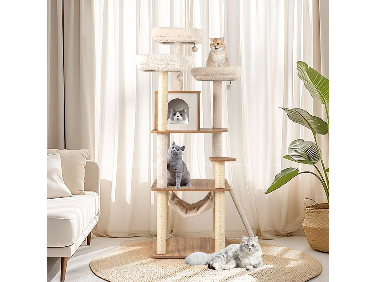 168cm Holz Kratzbaum mit Höhle & Leiter & Matten & Bällen & Hängematte Katzenkratzbaum