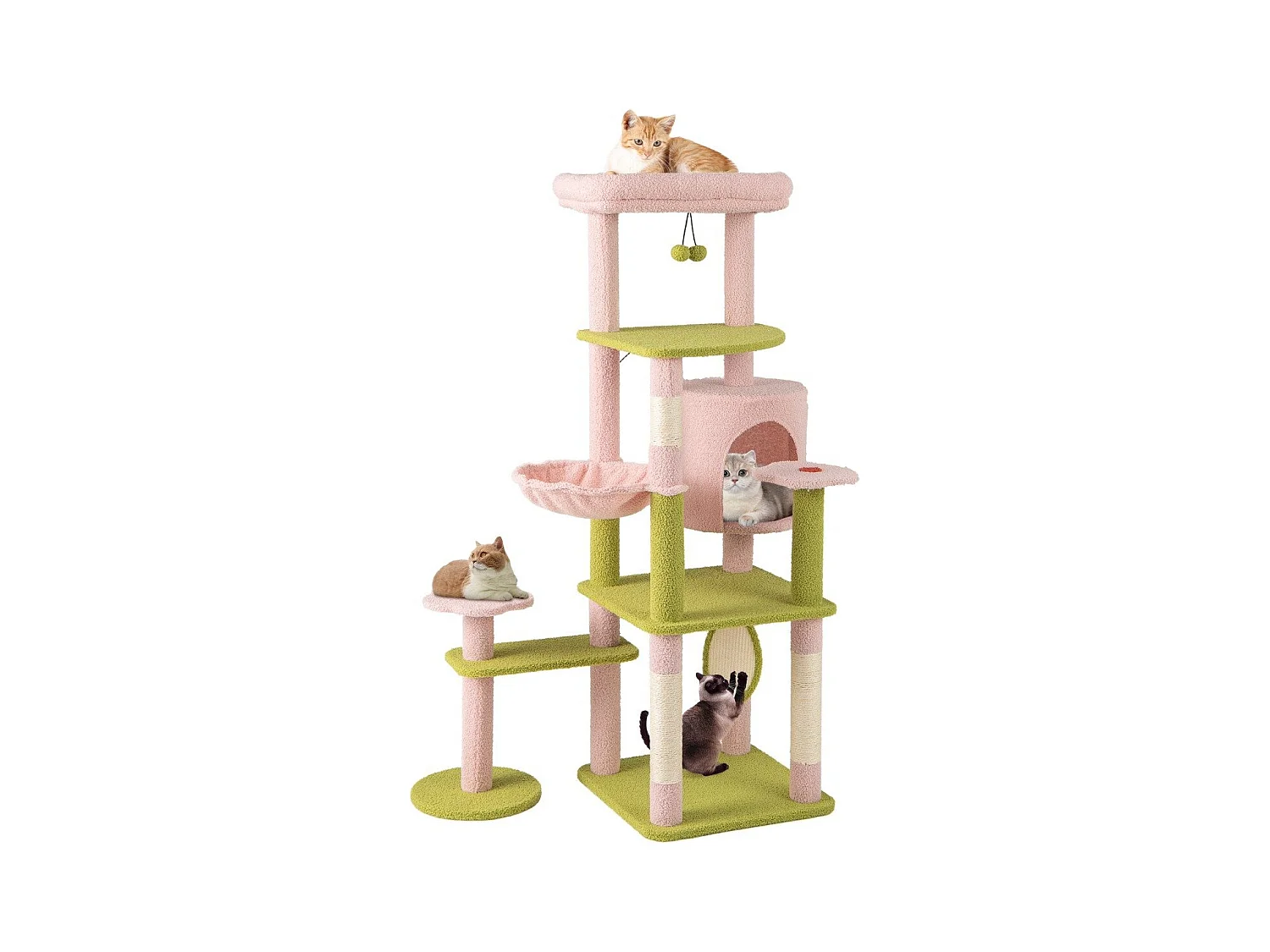 Albero per gatti alto torre a più livelli con piattaforma superiore imbottita, Albero per gatti e pannello Rosa+Verde