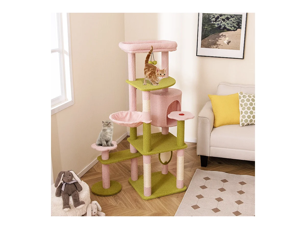Albero per gatti alto torre a più livelli con piattaforma superiore imbottita, Albero per gatti e pannello Rosa+Verde