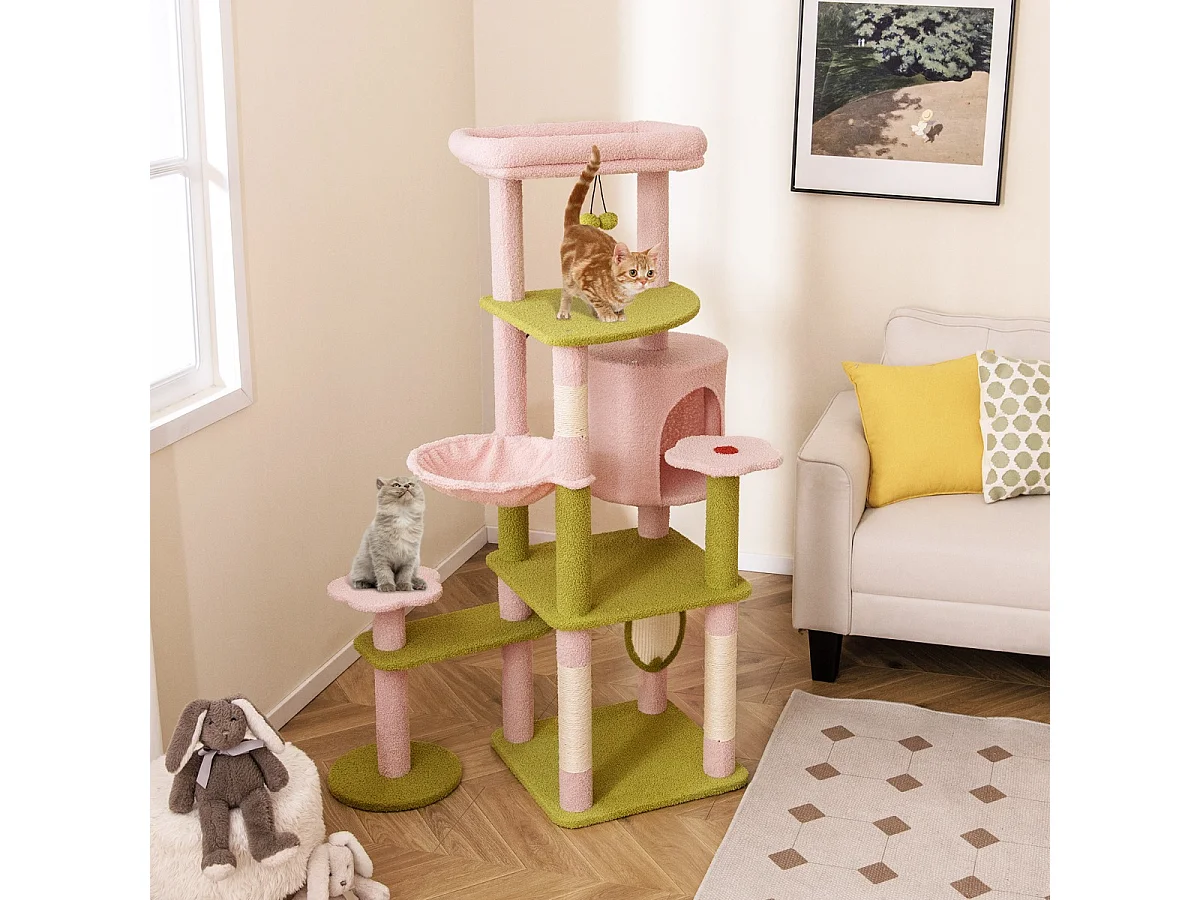 Kratzbaum mit Blumenmuster & Plüschgepolsterter Plattform & Katzenhaus Katzenbaum