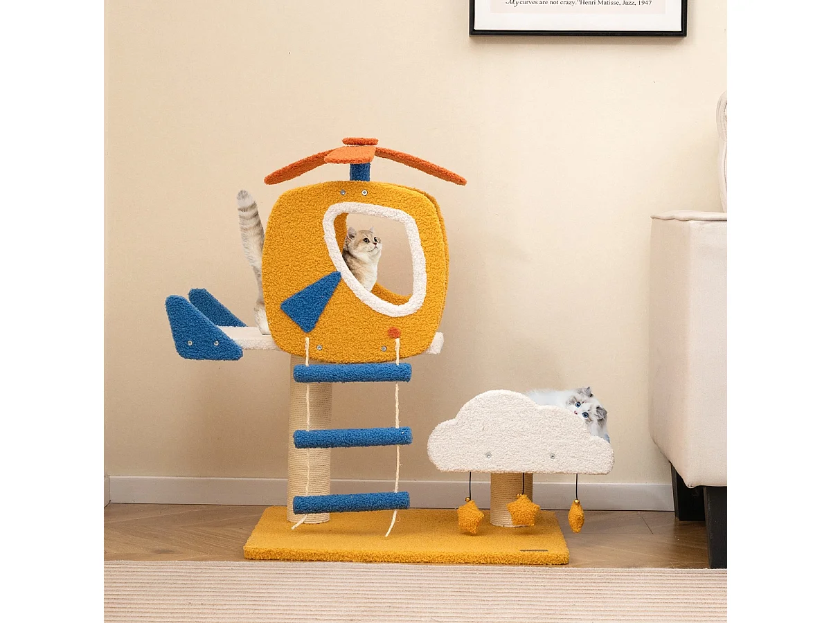 Katzenkratzbaum mit Hubschrauber Plattform & Kratzsäule & Sprungplattform Kratzbaum