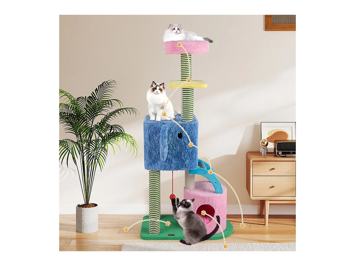 Tiragraffi a forma di elefante con 2 grotte e lettino imbottito e tiragraffi e scaletta Torre per gatti a più livelli
