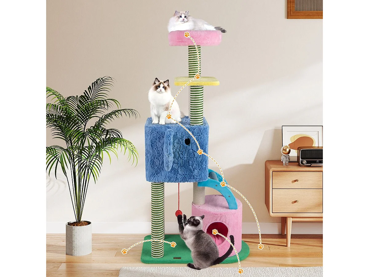 Elefanten-Kratzbaum mit 2 Höhlen & Gepolsterter Liege & Kratzpfosten & Leiter Mehrstufiger Katzenturm