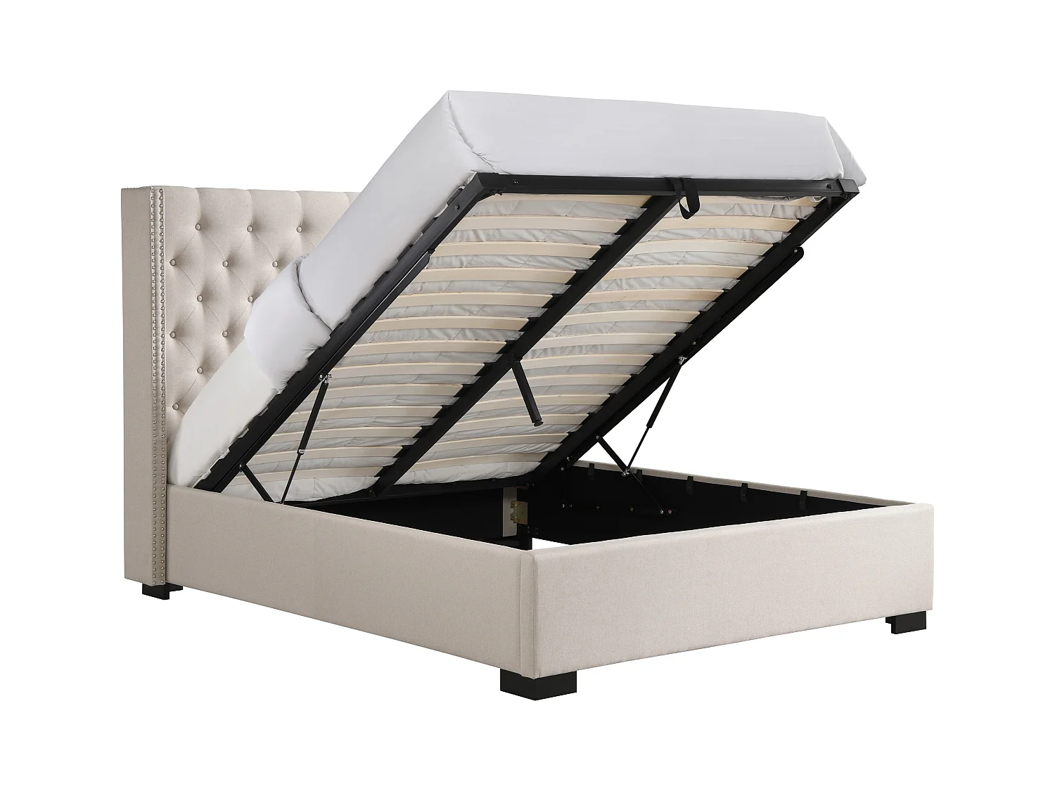 Sängram med förvaring 200 x 200 cm med stoppad sänggavel - Tyg - Beige + Madrass - MASSIMO