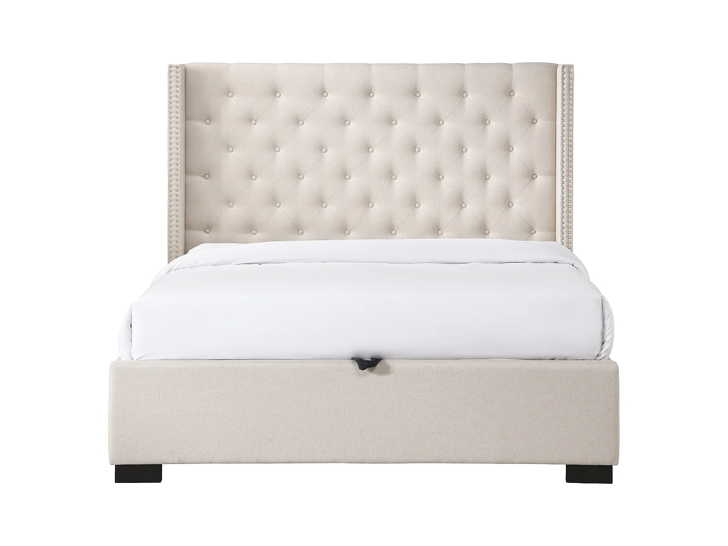 Sängram med förvaring 200 x 200 cm med stoppad sänggavel - Tyg - Beige + Madrass - MASSIMO