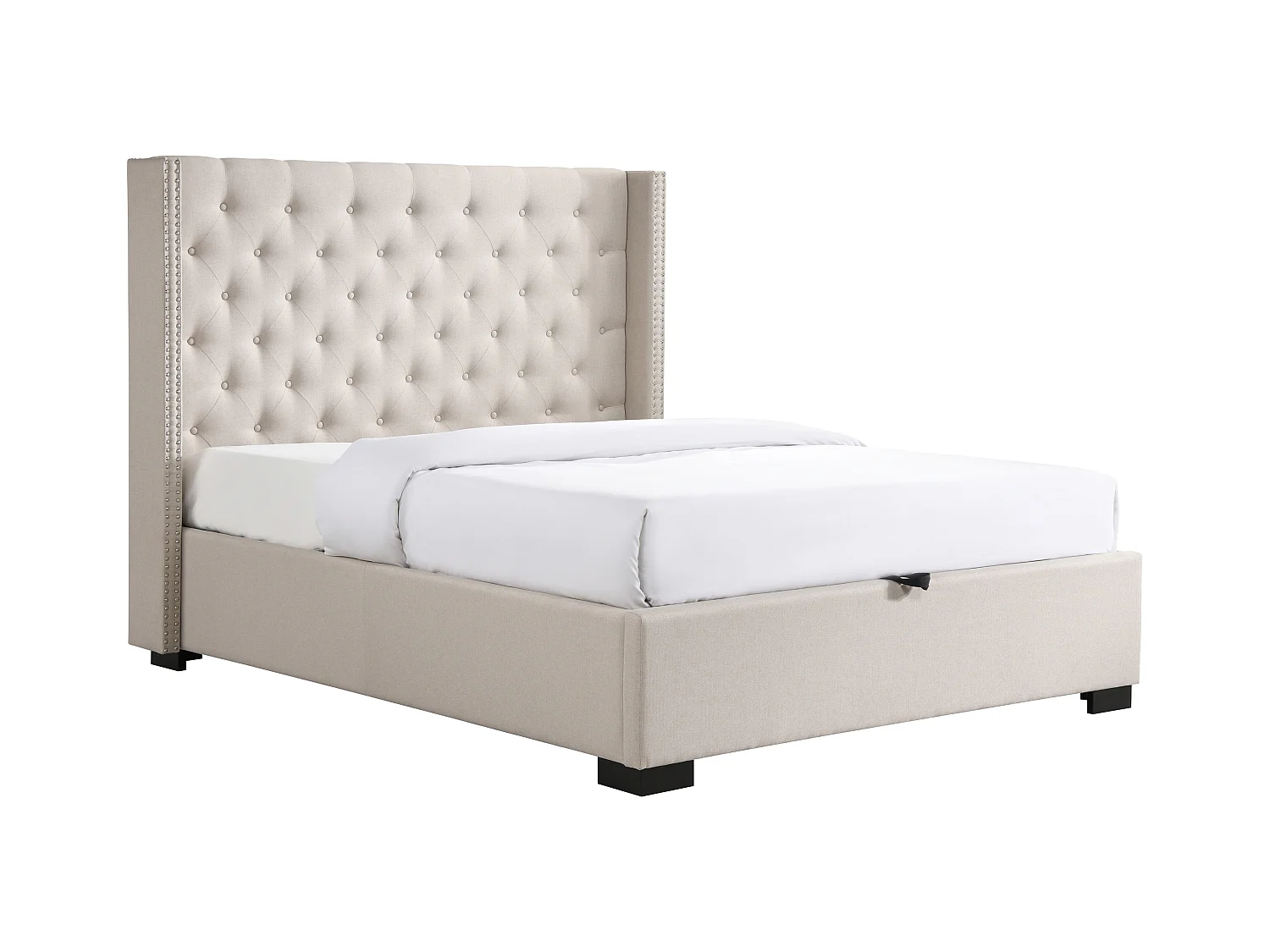 Sängram med förvaring 200 x 200 cm med stoppad sänggavel - Tyg - Beige + Madrass - MASSIMO