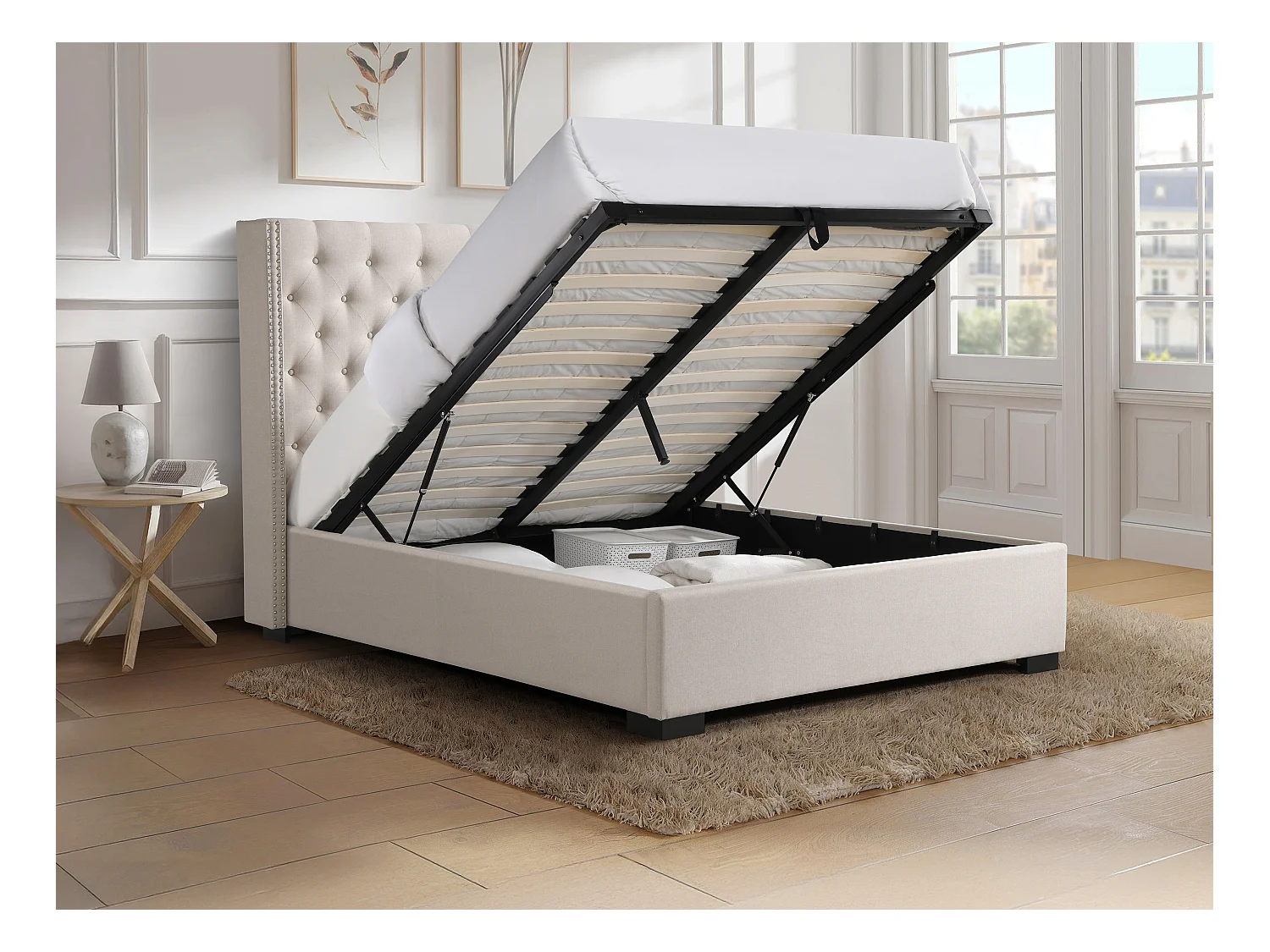 Sängram med förvaring 200 x 200 cm med stoppad sänggavel - Tyg - Beige + Madrass - MASSIMO