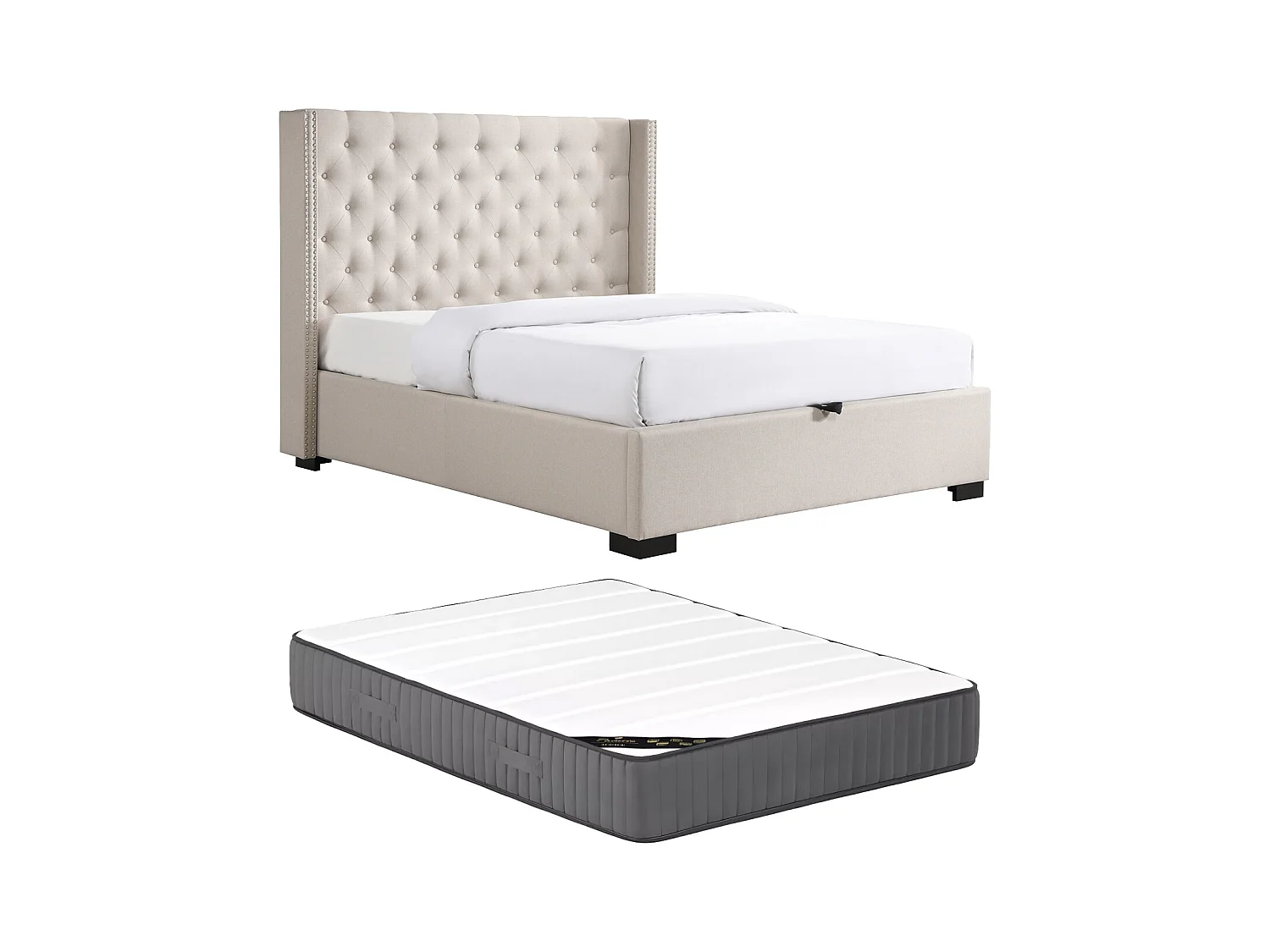 Sängram med förvaring 200 x 200 cm med stoppad sänggavel - Tyg - Beige + Madrass - MASSIMO