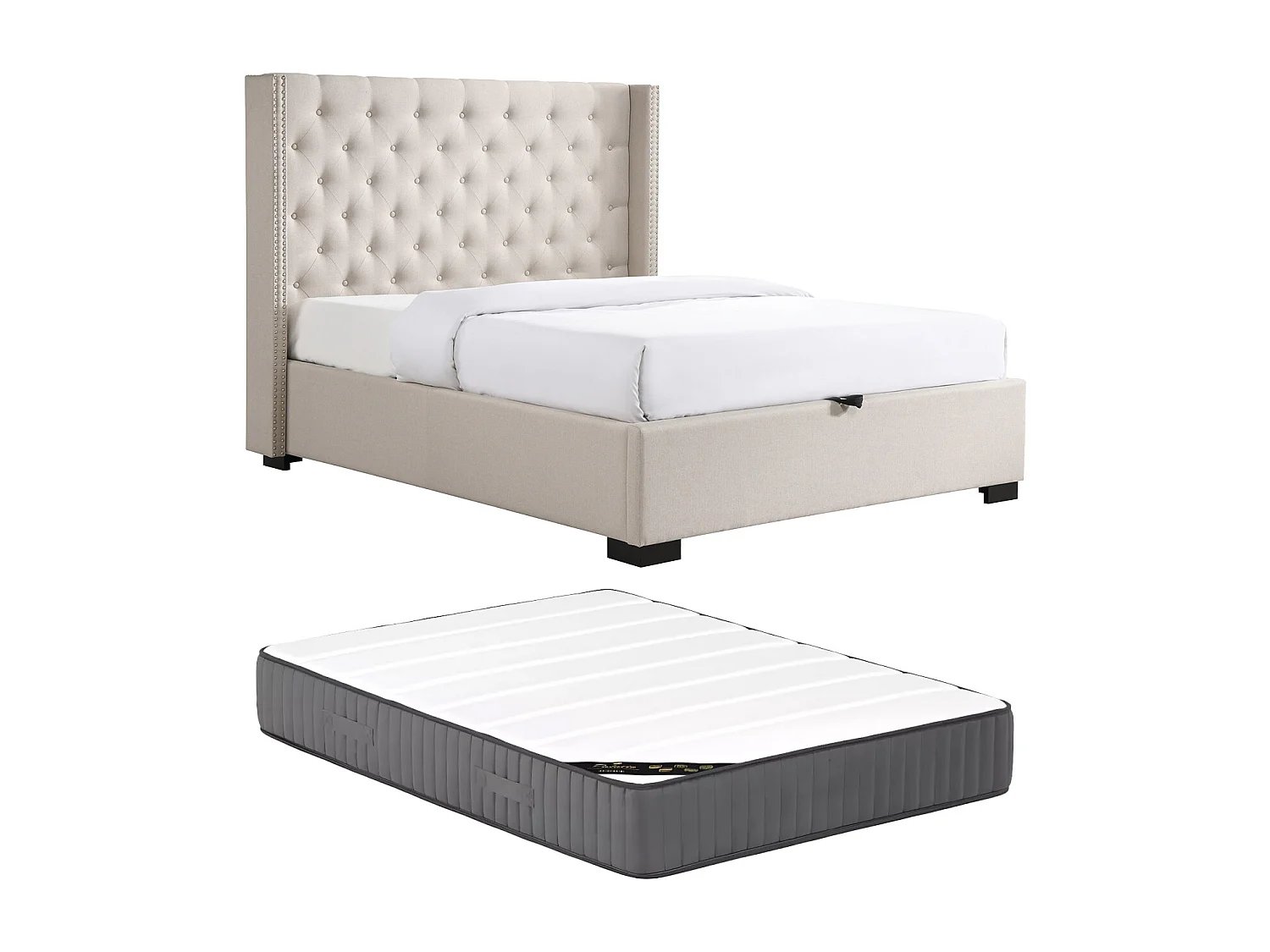 Bed met opbergruimte 200 x 200 cm met gecapitonneerd hoofdbord - Stof - Beige + Matras - MASSIMO