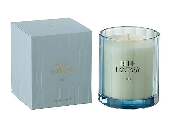 Vela perfumada 30H en vidrio azul 9x9x10.5 cm