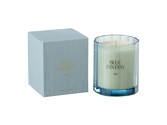 Vela perfumada 30H en vidrio azul 9x9x10.5 cm
