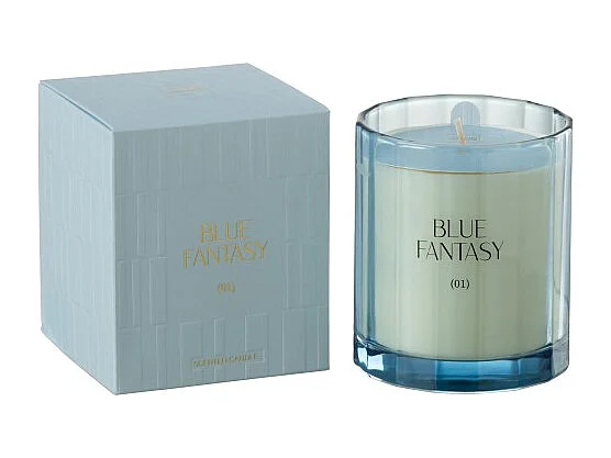 Vela perfumada 30H en vidrio azul 9x9x10.5 cm