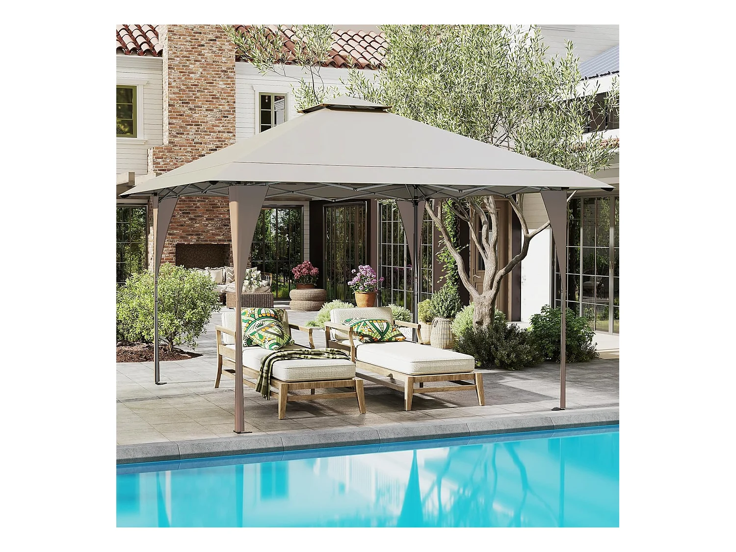 Tonnelle de Jardin Pop-up Toit Aéré 395X395CM, Tente Réception Instantané avec 8 Trous de Drainage 4 Cordes 8 Piquets Sac de Transport, Beige