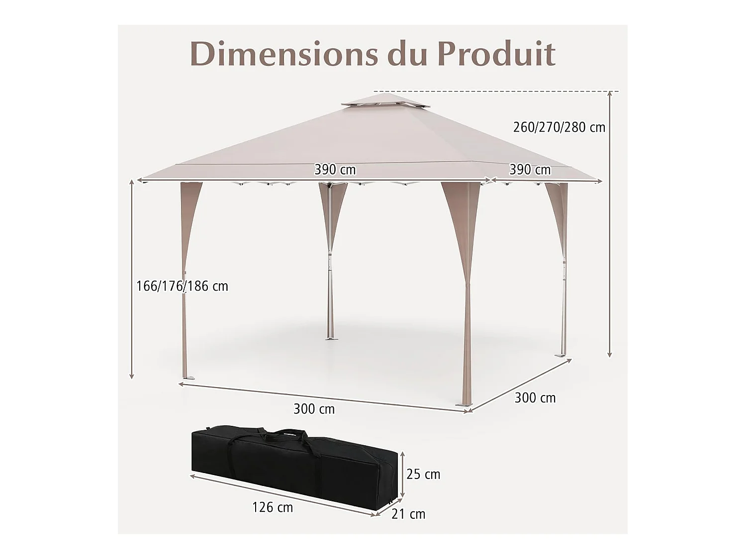 Tonnelle de Jardin Pop-up Toit Aéré 395X395CM, Tente Réception Instantané avec 8 Trous de Drainage 4 Cordes 8 Piquets Sac de Transport, Beige