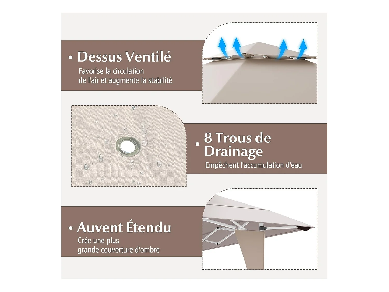 Tonnelle de Jardin Pop-up Toit Aéré 395X395CM, Tente Réception Instantané avec 8 Trous de Drainage 4 Cordes 8 Piquets Sac de Transport, Beige