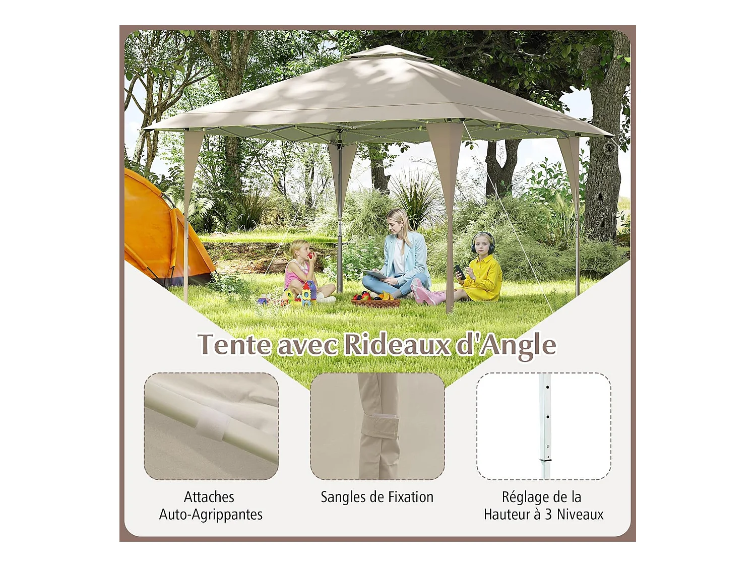 Tonnelle de Jardin Pop-up Toit Aéré 395X395CM, Tente Réception Instantané avec 8 Trous de Drainage 4 Cordes 8 Piquets Sac de Transport, Beige
