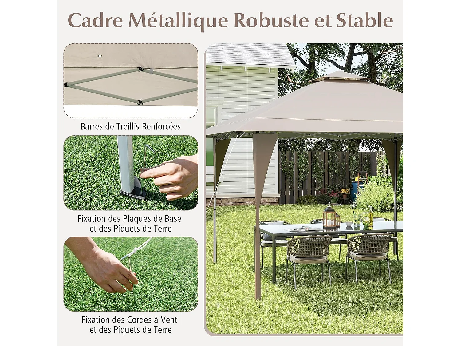 Tonnelle de Jardin Pop-up Toit Aéré 395X395CM, Tente Réception Instantané avec 8 Trous de Drainage 4 Cordes 8 Piquets Sac de Transport, Beige