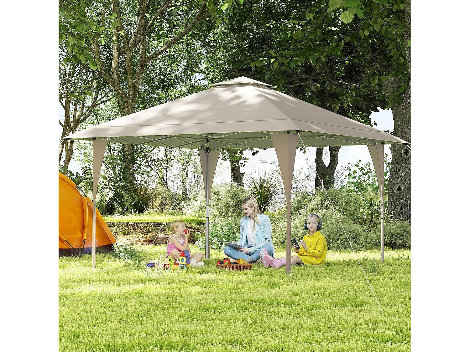 Tonnelle de Jardin Pop-up Toit Aéré 395X395CM, Tente Réception Instantané avec 8 Trous de Drainage 4 Cordes 8 Piquets Sac de Transport, Beige