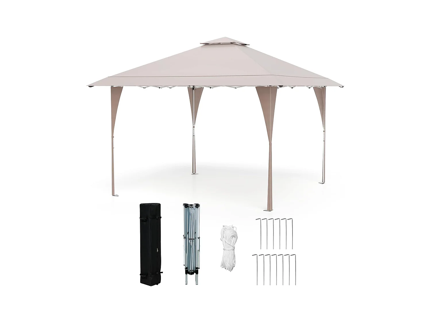 Opvouwbare tuingazebo met luchtig dak 395x395cm, instant partytent met 8 drainagegaten, 4 touwen, 8 haringen, draagtas, kaki