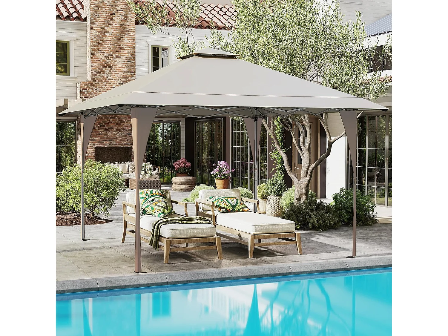 Tonnelle de Jardin Pop-up Toit Aéré 395X395CM, Tente Réception Instantané avec 8 Trous de Drainage 4 Cordes 8 Piquets Sac de Transport, Beige