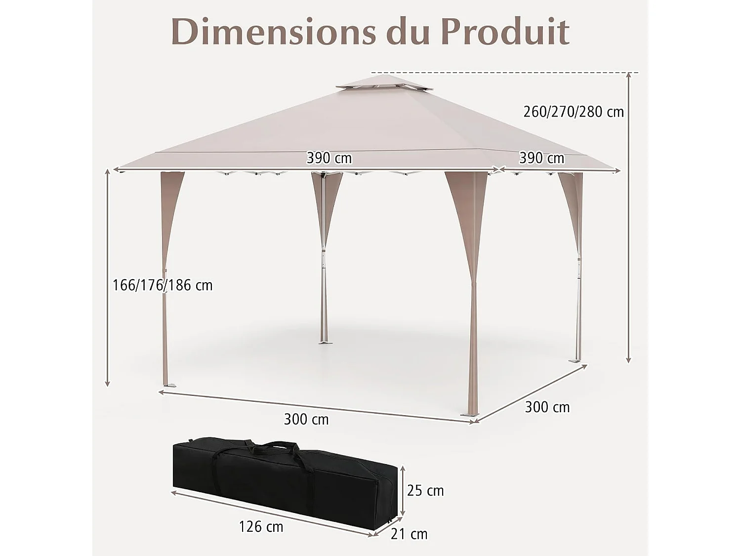 Tonnelle de Jardin Pop-up Toit Aéré 395X395CM, Tente Réception Instantané avec 8 Trous de Drainage 4 Cordes 8 Piquets Sac de Transport, Beige