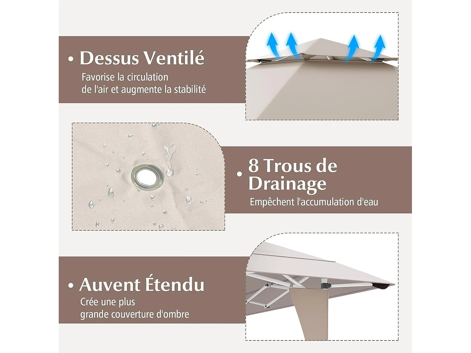 Tonnelle de Jardin Pop-up Toit Aéré 395X395CM, Tente Réception Instantané avec 8 Trous de Drainage 4 Cordes 8 Piquets Sac de Transport, Beige