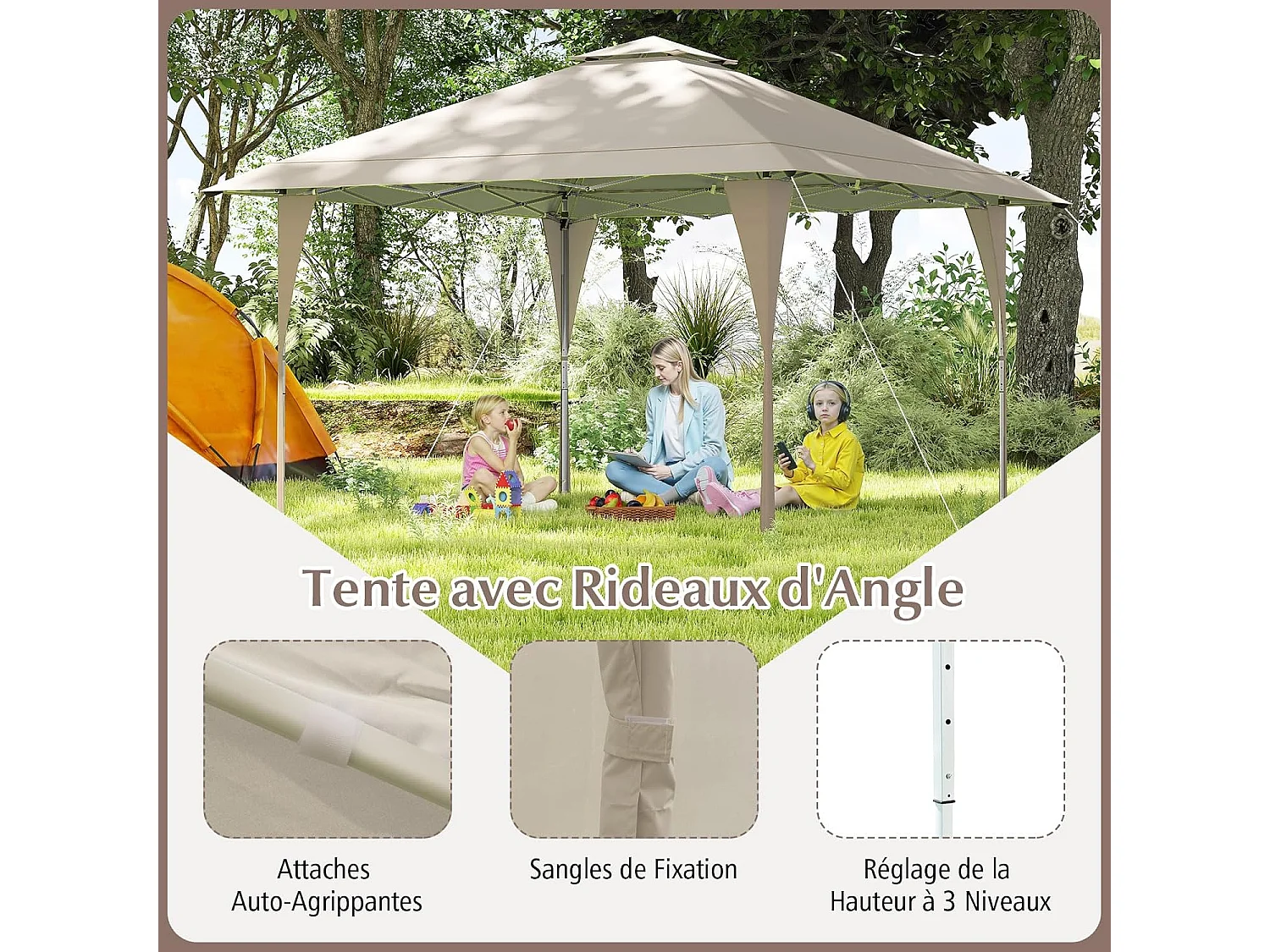 Tonnelle de Jardin Pop-up Toit Aéré 395X395CM, Tente Réception Instantané avec 8 Trous de Drainage 4 Cordes 8 Piquets Sac de Transport, Beige