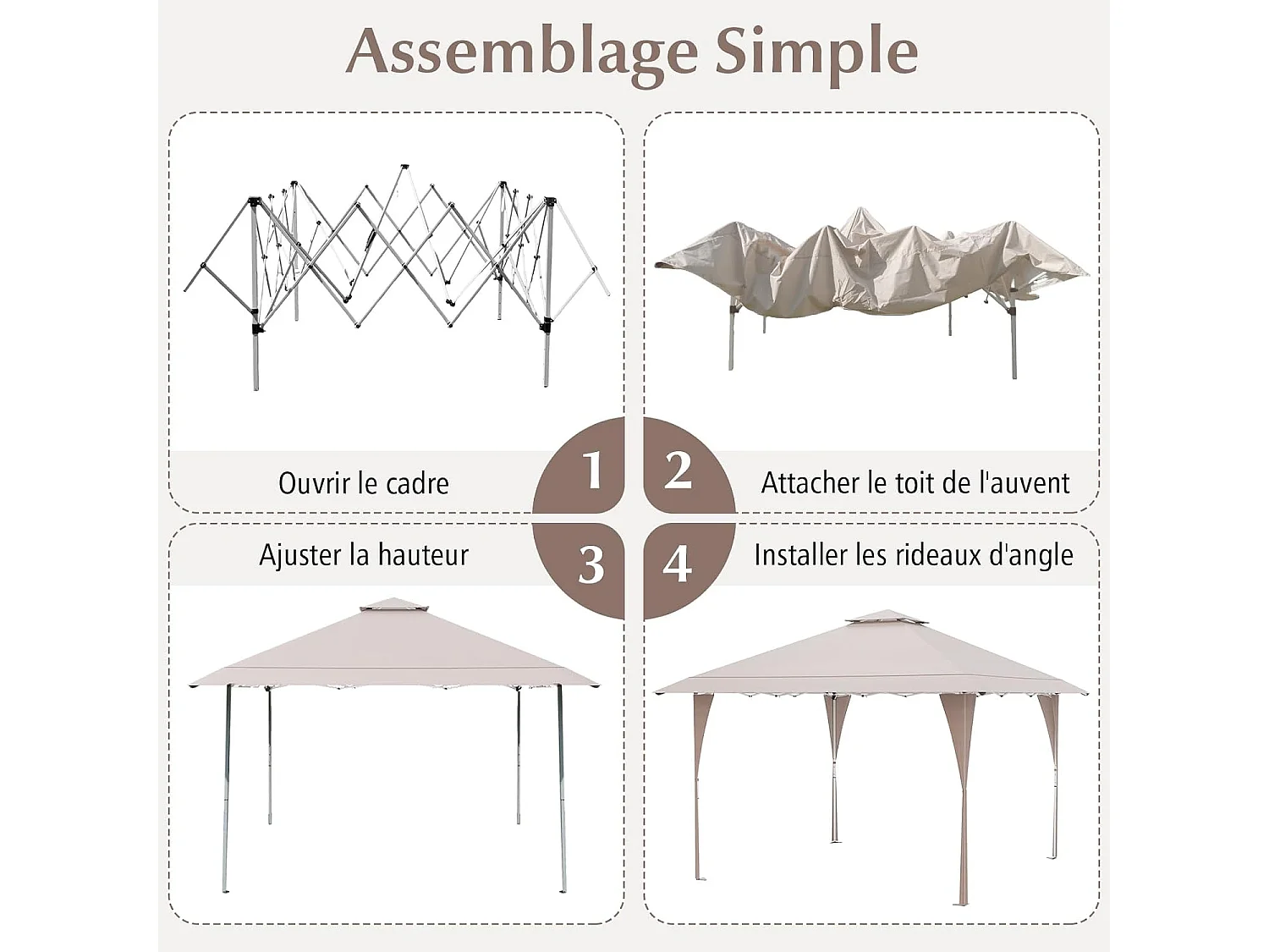 Tonnelle de Jardin Pop-up Toit Aéré 395X395CM, Tente Réception Instantané avec 8 Trous de Drainage 4 Cordes 8 Piquets Sac de Transport, Beige