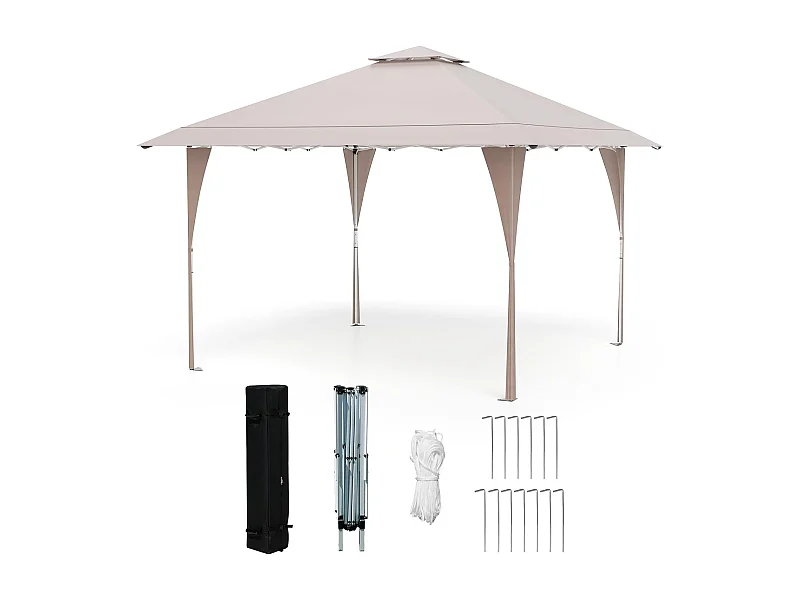 Opvouwbare tuingazebo met luchtig dak 395x395cm, instant partytent met 8 drainagegaten, 4 touwen, 8 haringen, draagtas, kaki