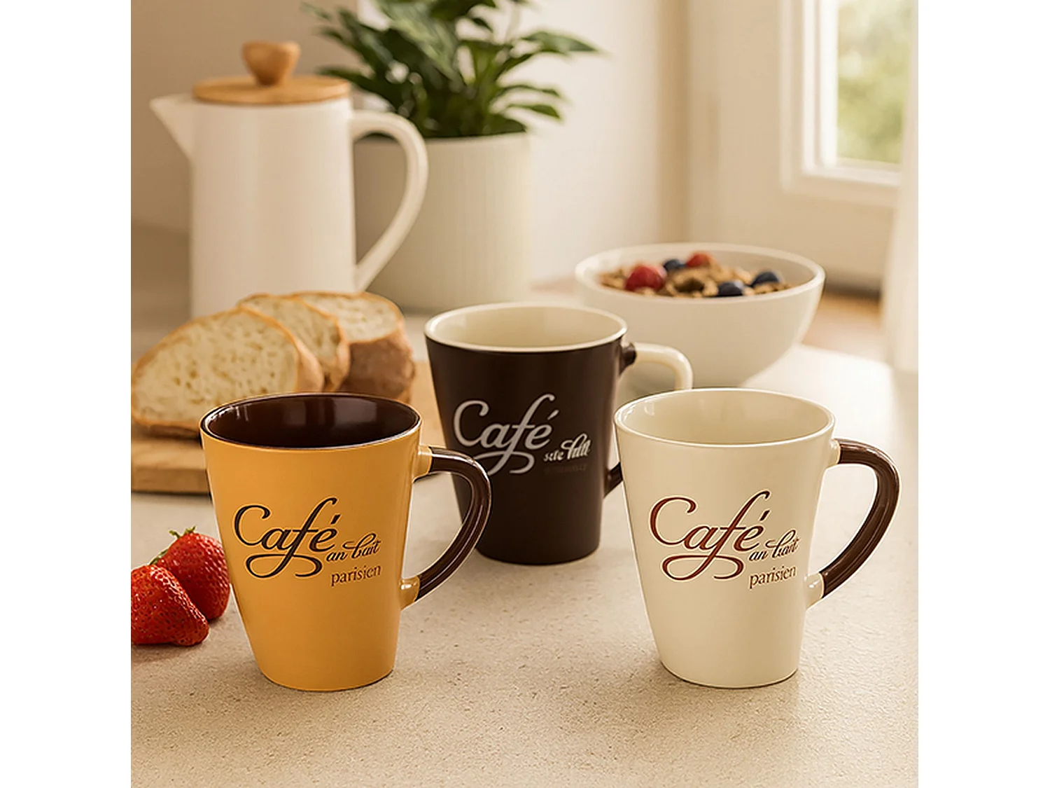 Novastyl - Lot 6 Mugs Cafe Parisien 30cl En Gres 3 Decors Assortis