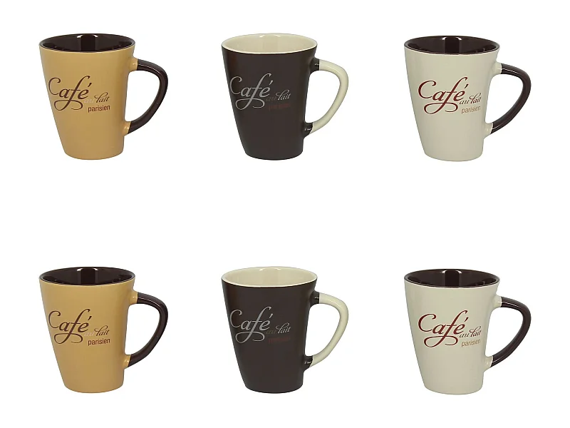 Novastyl - Lot 6 Mugs Cafe Parisien 30cl En Gres 3 Decors Assortis