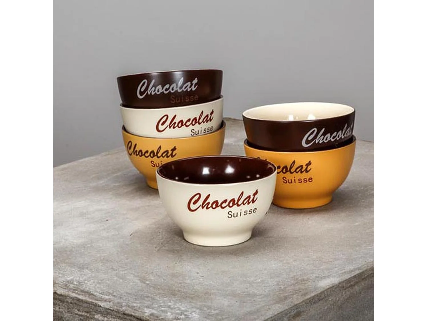Novastyl - Lot 6 Bols Chocolat Suisse 14cm En Gres 3 Couleurs Assorties