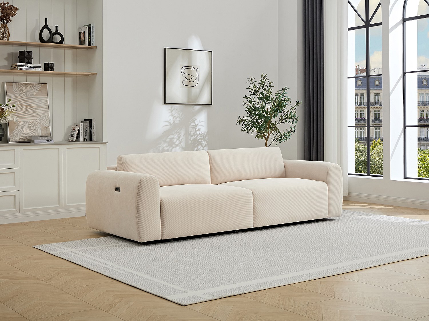Sofa 4-Sitzer mit elektrisch ausziehbarer Sitzfläche – Feincord-Samt Beige günstig online kaufen