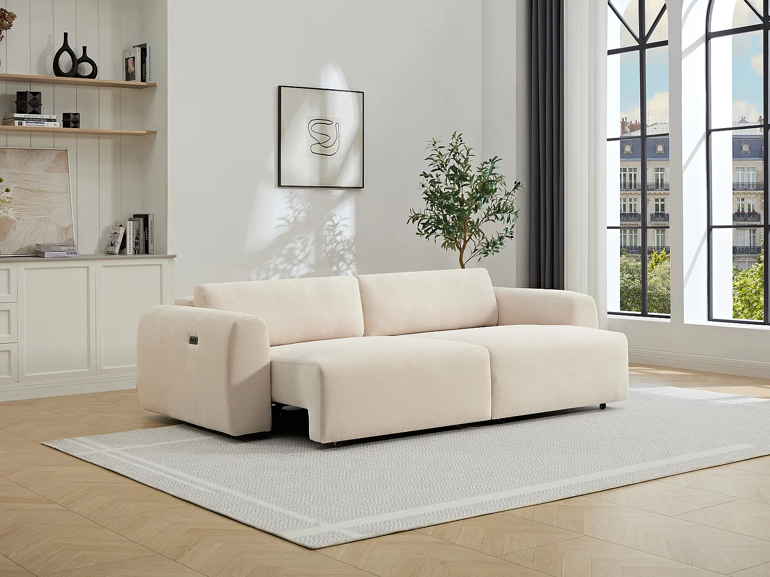 Canapé 4 places avec assise coulissante électrique en velours côtelé fines côtes beige PASTARO