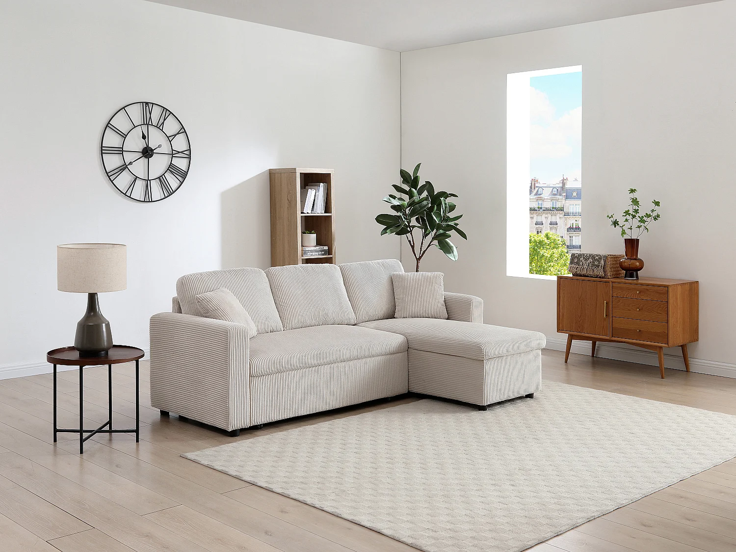 Canapé d'angle convertible et réversible en velours côtelé beige GAZUR