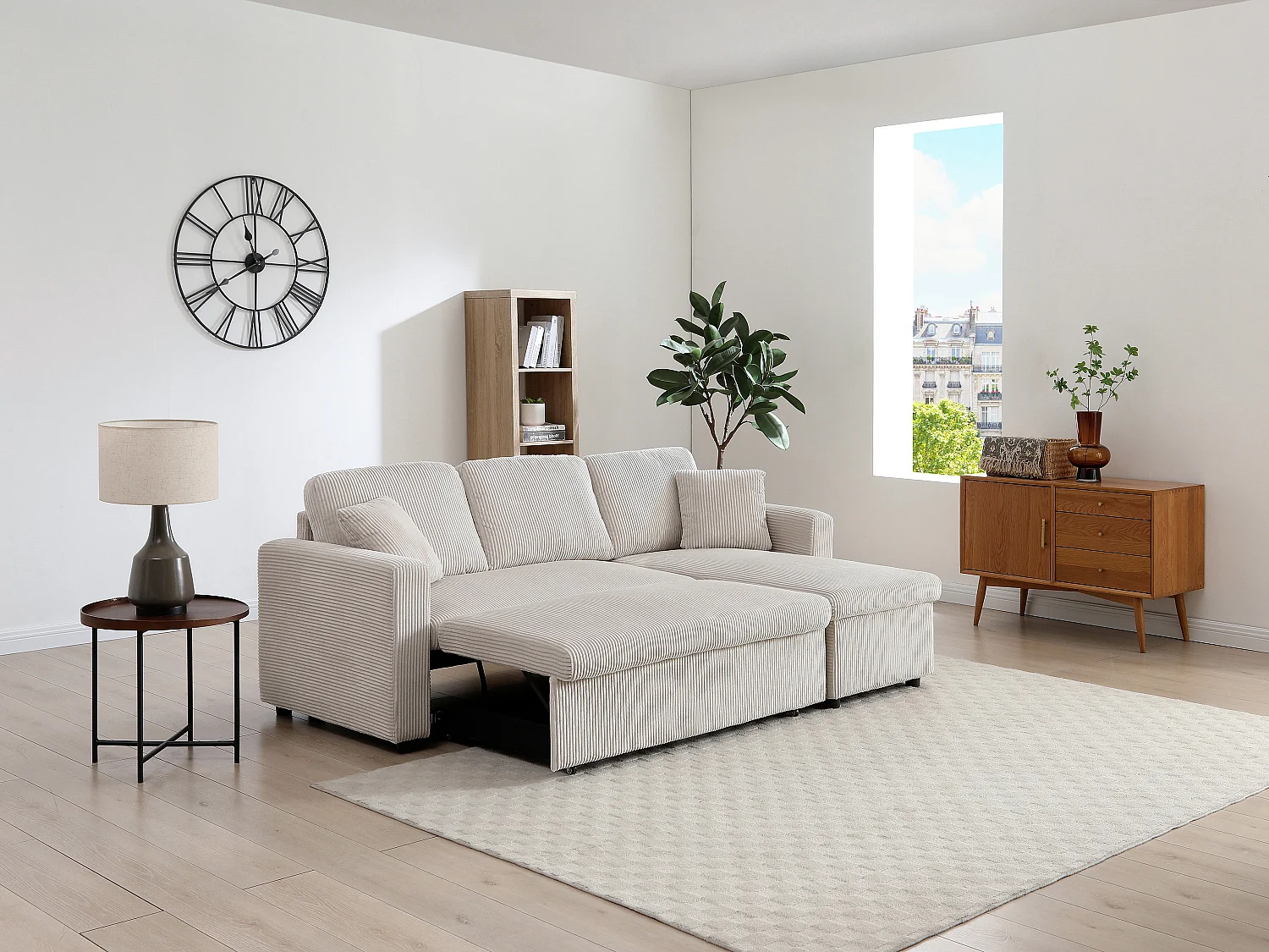 Canapé d'angle convertible et réversible en velours côtelé beige GAZUR