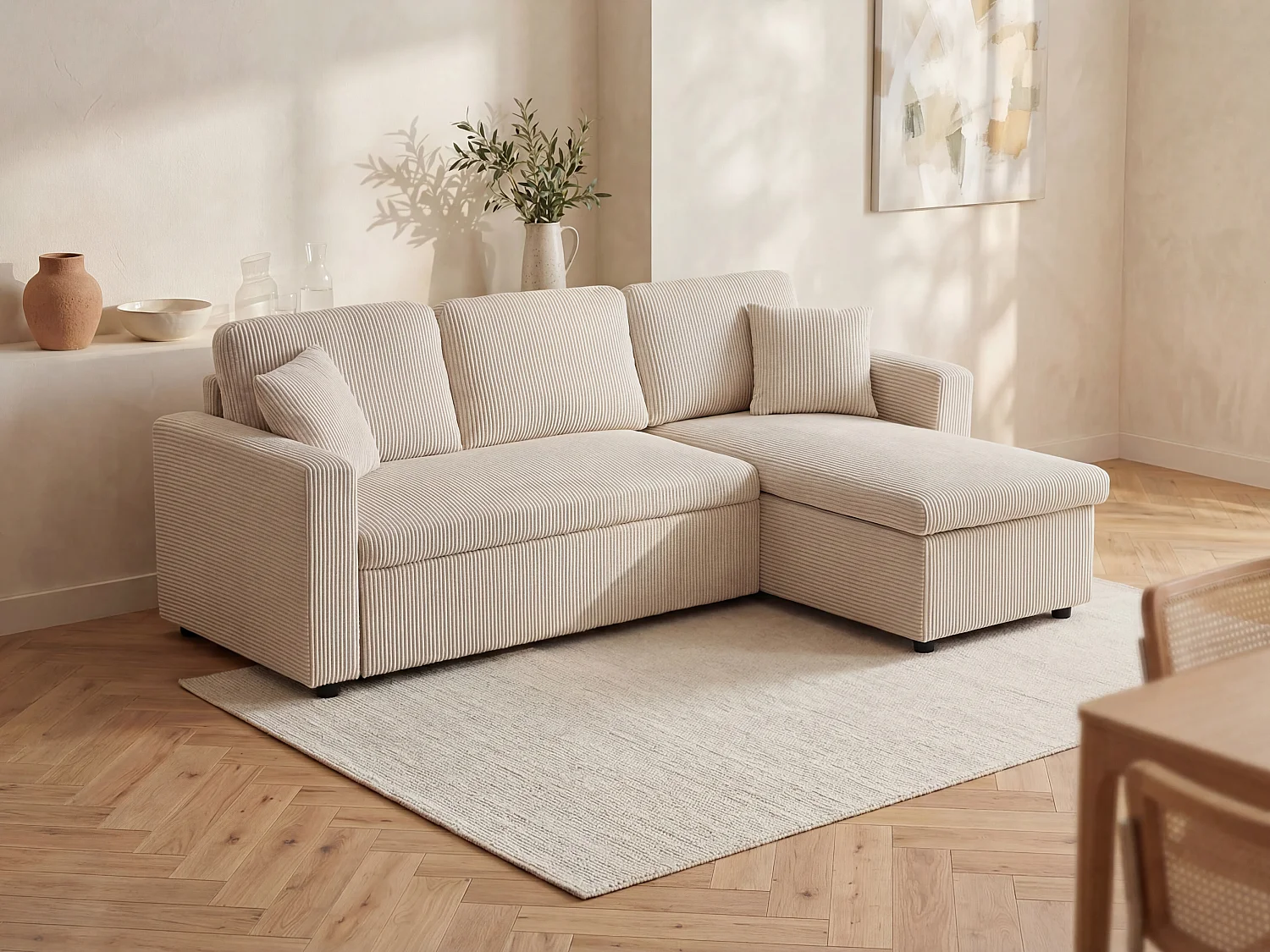 Divano letto angolare reversibile in Velluto a coste Beige - GAZUR