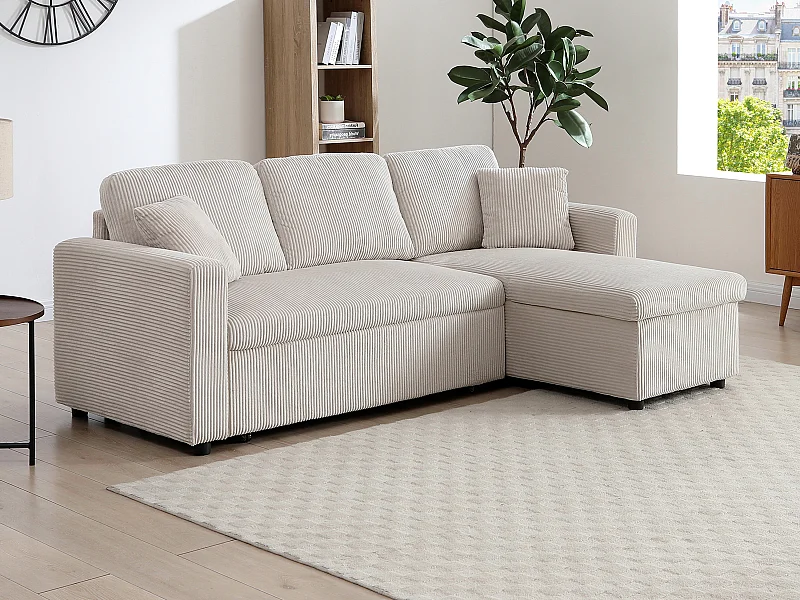 Canapé d'angle convertible et réversible en velours côtelé beige GAZUR