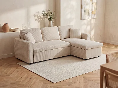 Canapé d'angle convertible et réversible en velours côtelé beige GAZUR