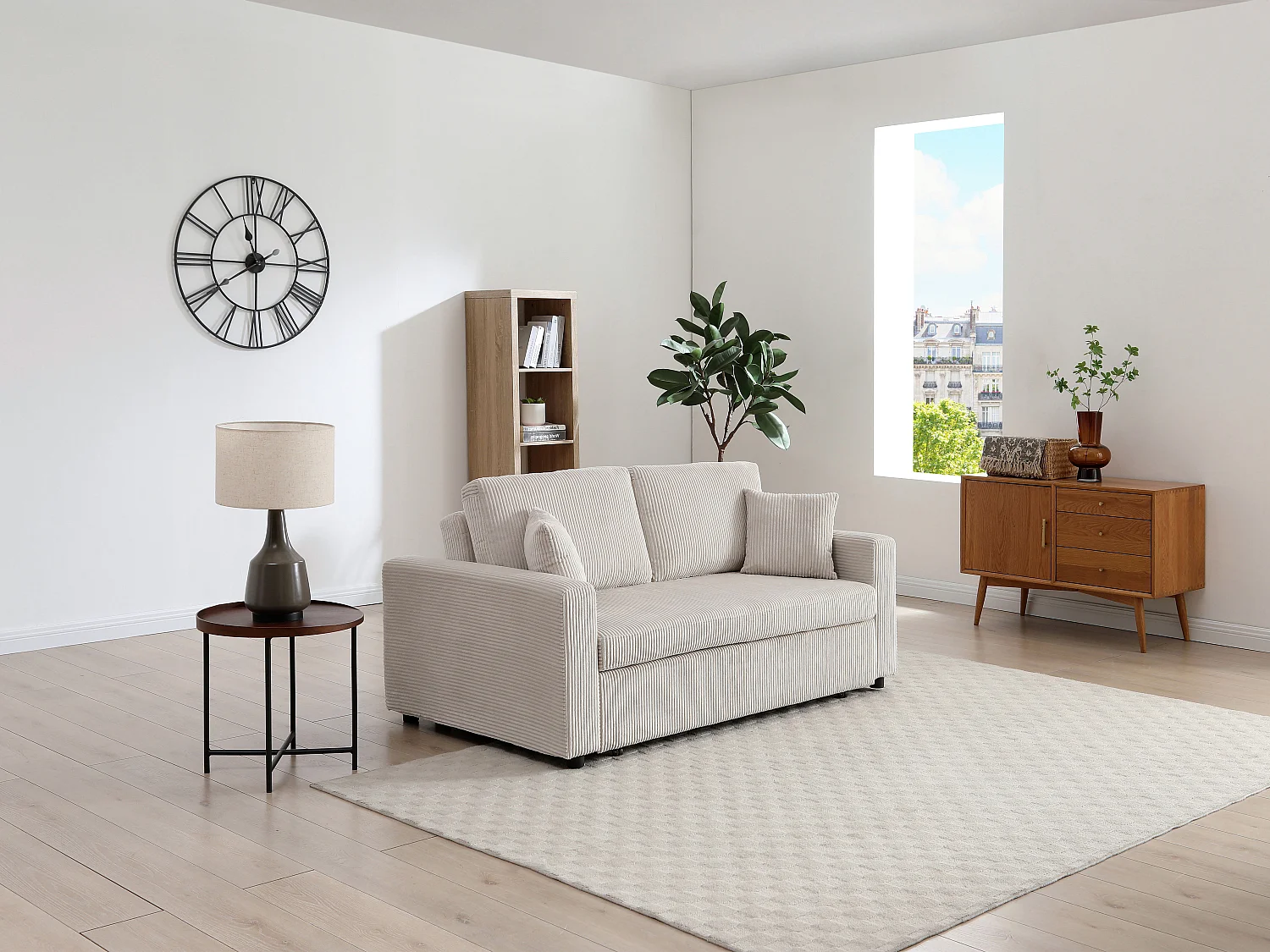 Canapé 3 places convertible en velours côtelé beige INIZOR