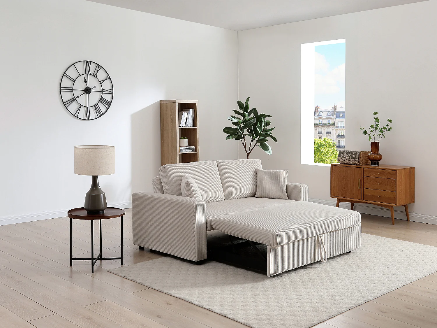 Canapé 3 places convertible en velours côtelé beige INIZOR