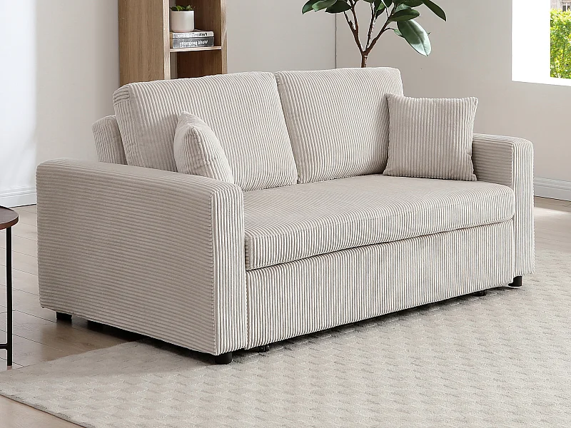 Canapé 3 places convertible en velours côtelé beige INIZOR