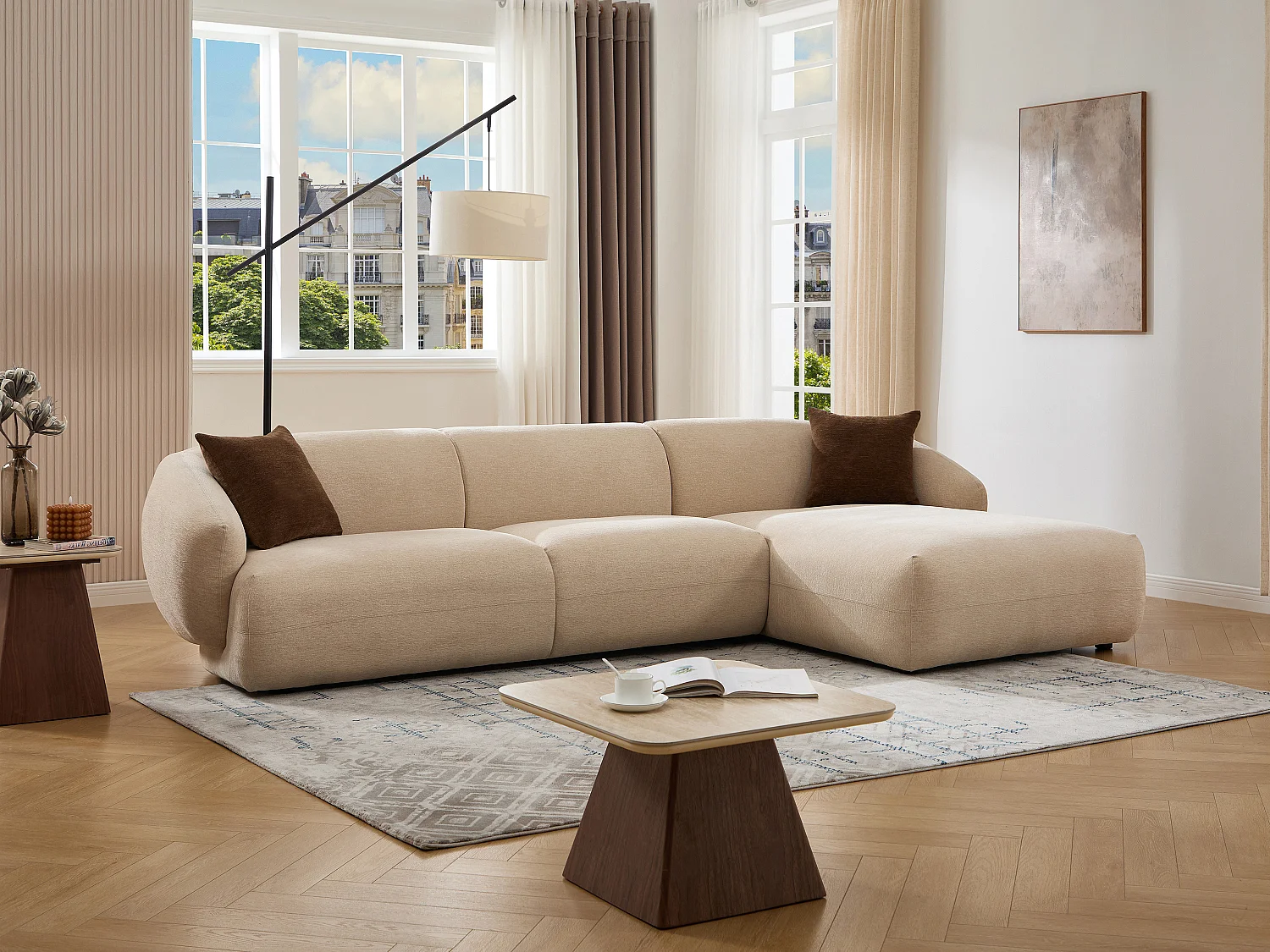 Canapé d'angle droit en tissu texturé beige MIBASTO