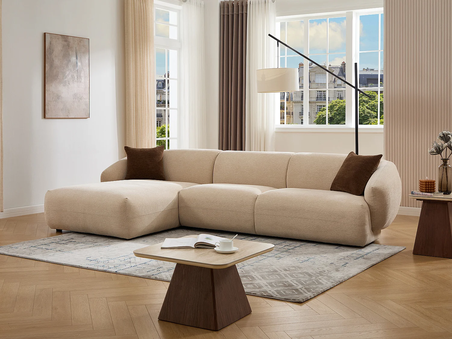 Canapé d'angle gauche en tissu texturé beige MIBASTO