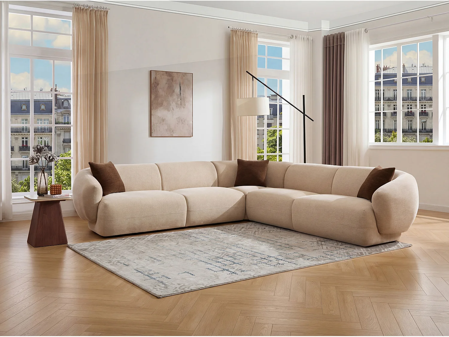 Canapé d'angle réversible en tissu texturé beige MIBASTO