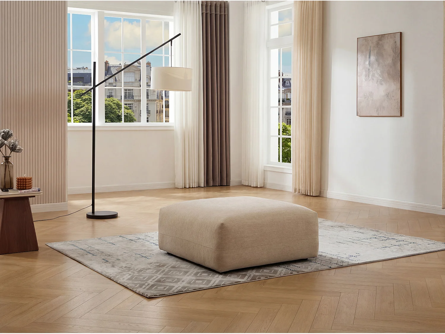 Pouf en tissu texturé beige MIBASTO